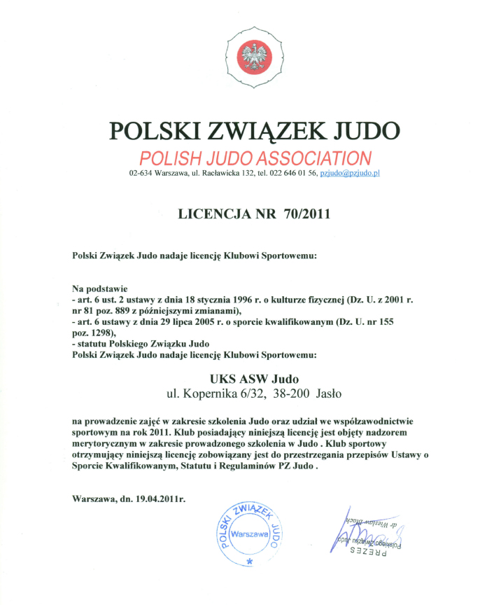 Certyfikat UKS ASW-Judo Jasło
